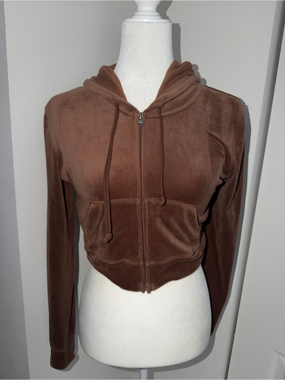 Hollister Brown Velvet Cropped Zip Hoodie